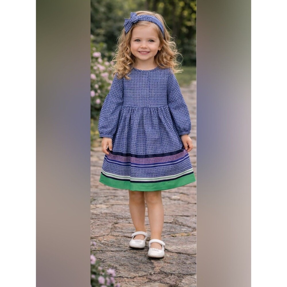 Janie and Jack Blue Green Dress + Headband Girls | Classic Summer Occasion Dress